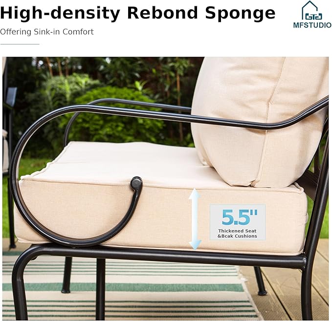 MFSTUDIO 5 Seats Large Metal Patio Conversation Sets, 4 Pieces Outdoor Furniture Sofa with 2 Fixed Chairs, 1 Sofa(3-seat) and Table for Outside Balcony Backyard Poolside