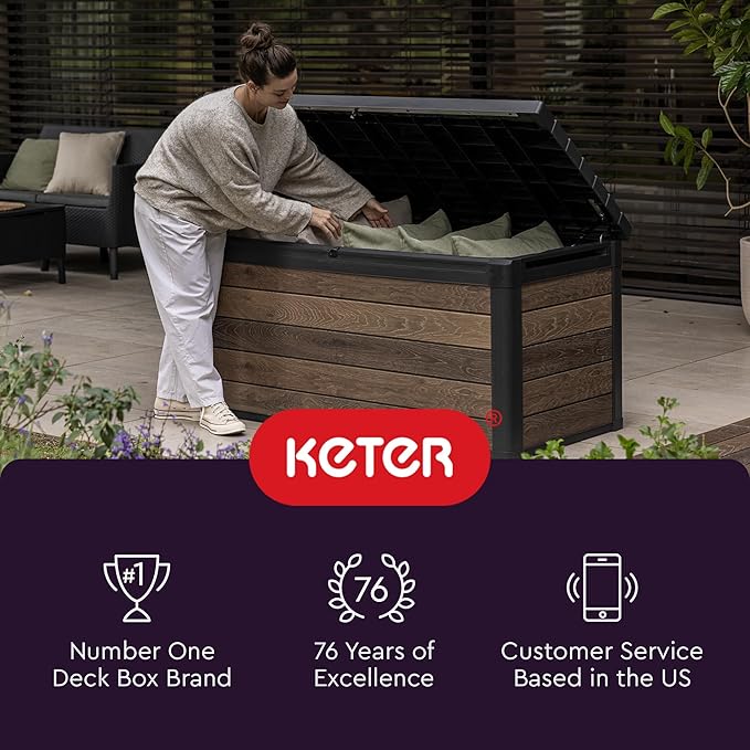 Keter Denali 150 Gallon Resin Large Deck Box with Double Wall 20mm Panels - Paintable and Drillable-Organization and Storage for Patio Furniture and Outdoor Items, Grey & Black