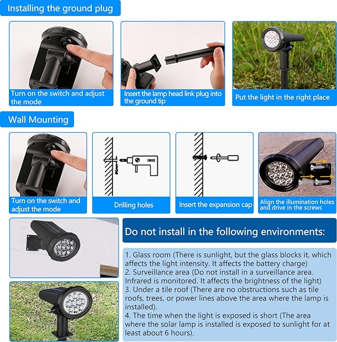 Solar Spot Lights Outdoor，Solar Lights Outdoor Waterproof IP68，Dark Sensing Auto On/Off，Suitable for Garden, Corridor Landscape Lighting and Flag Lighting. (Warm White, 4-Pack)