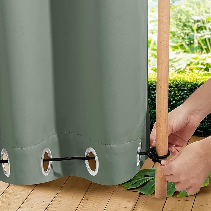 NICETOWN 2 Panels Outdoor Curtains for Patio Waterproof & Windproof, Extra Wide Grommet & Back Tab on Top & Bottom Thermal Insulated Sun Blocking Drapes with Rope for Gazebo, Sage Green, W100 x L84