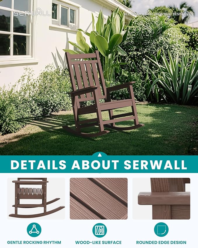 SERWALL HDPE Outdoor Rocking Chair Set of 8, Patio Rocking Chairs for Adults, All Weather Outdoor Rockers for Lawn, Brown