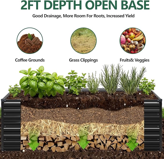 Vengarus 4x2x2FT Galvanized Raised Garden Bed Kit, Outdoor Metal Planter Box for Vegetables, Fruits,Herbs, and Succulents - 120 Gallon Capacity,Black