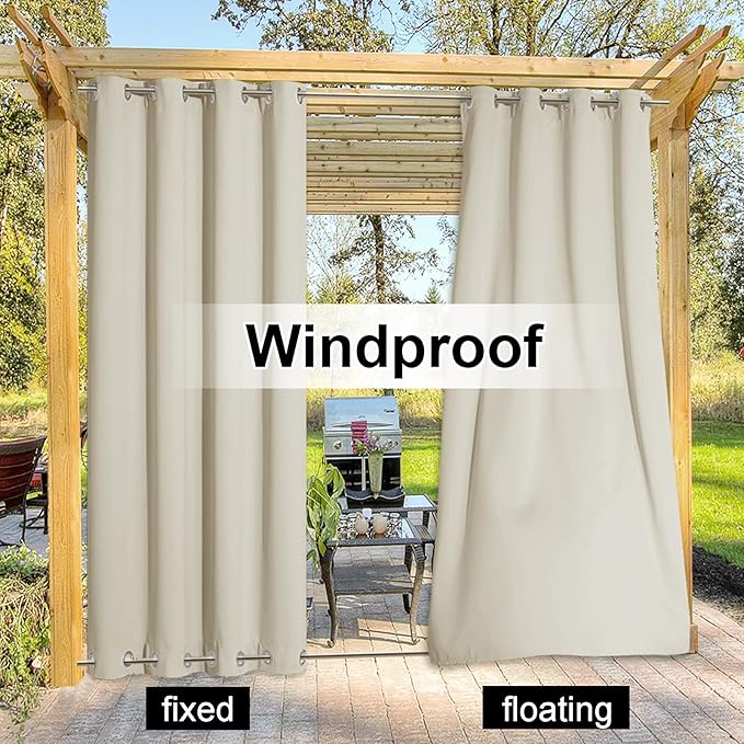NICETOWN Outdoor Curtains for Patio Waterproof & Windproof 2 Panels, Thermal Insulated Top and Bottom Fixed Rustproof Grommets Light Block Outdoor Curtain Drapes for Pool, Beige, W52 by L95