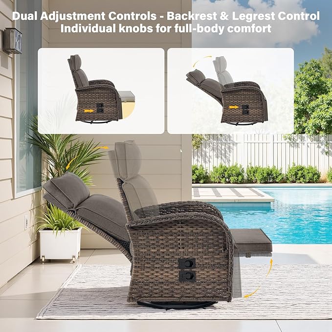 Belord 7 Piece Patio Furniture Set with 4 Swivel Recliner Chairs and 3 Side Tables, Dual-Adjust Wicker Chaise Lounge Chairs for Outdoor Patio Conversation, All-Weather Brown Rattan