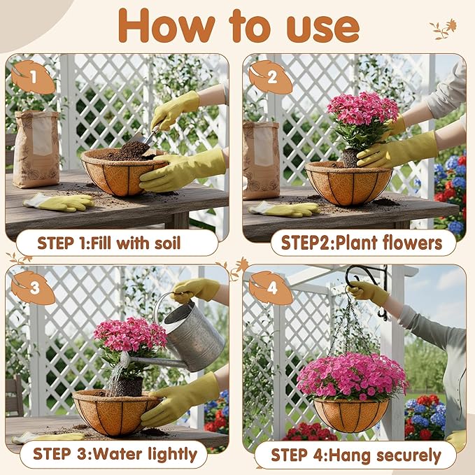 Metal 10 inch Round Planter, 4 Pack Hanging Wire Basket with Coco Fiber Liners, for Outdoor Plants Decoration