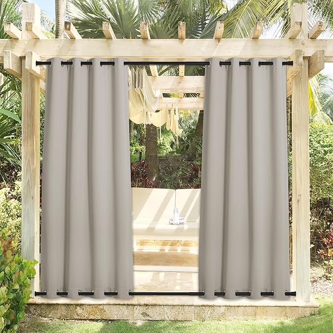 NICETOWN 2 Panels Natural Outdoor Curtains for Patio Waterproof, Rustproof Top & Bottom Grommet Weighted Windproof Drapes Thermal Insulated Blackout Outdoor Blinds for Porch/Gazebo, W52 x L84