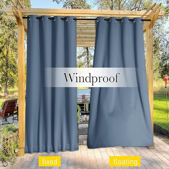 NICETOWN 2 Panels Outdoor Curtains for Patio Extra Wide 84", Waterproof & Windproof Grommet & Back Tab Fixed Top and Bottom Sun Blocking Privacy Drapes with Rope for Gazebo, Stone Blue, W84 x L84
