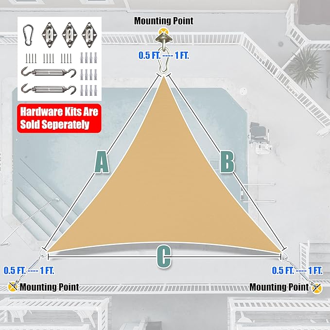 Amgo 8' x 8' x 8' Beige Triangle Sun Shade Sail UPF50+ Canopy Awning AGSLT, 95% UV Blockage, Water & Air Permeable, 200GSM Heavy Duty Commercial and Residential (We Make Custom Sizes)