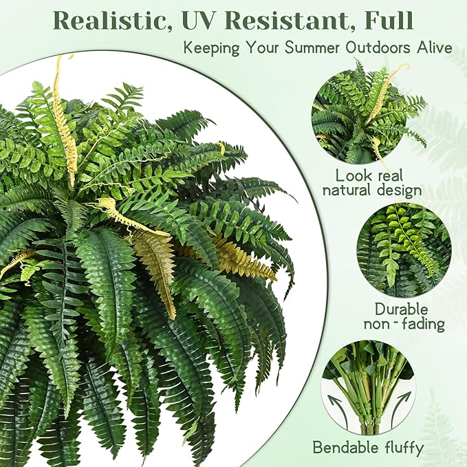 MARTINE MALL 2Pcs 48'' Fake Ferns Artificial Ferns for Outdoors Look Real, 88 Branches Large Faux Boston Fern for Outdoor Planter Realistic UV Resistant Hanging Artificial Fake Plants for Porch Patio