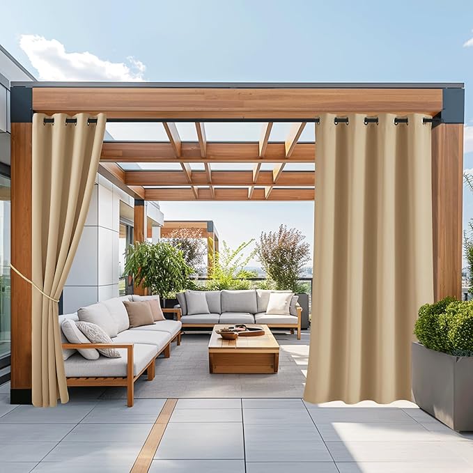 NICETOWN 2 Panels Patio Outdoor Curtains 95 inch Length, Thermal Insulated Silver Stainless Steel Grommet Weighted Room Darkening Indoor Outdoor Drapes for Terrace, Biscotti Beige, W52 x L95