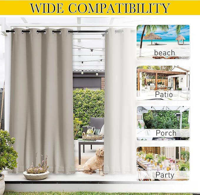 NICETOWN 2 Panels Outdoor Curtains for Patio Waterproof & Windproof, Thermal Insulated Top & Bottom Grommet & Back Tab Sun Blocking Outdoor Drapes with Fixed Rope for Gazebo, Natural, W66 x L90