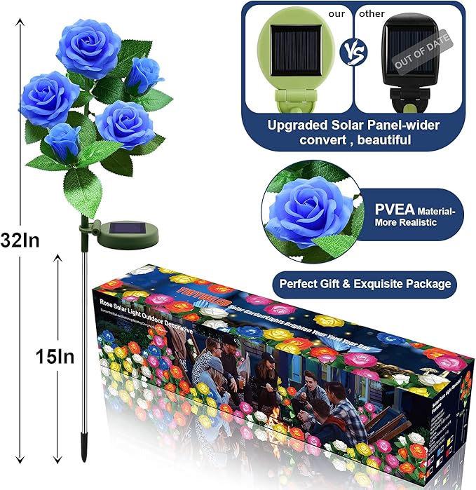 Solar Flower Lights Outdoor - Upgraded Realistic LED Solar Powered Waterproof Lights with 5 Roses, Solar Decorative Stake Light for Garden (Blue, 2 Pack)