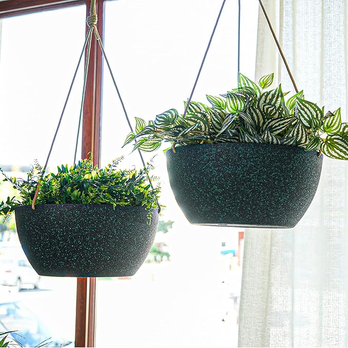 12 Inch 2 Pack Large Hanging Planters for Indoor Outdoor Plants, Plastic Hanging Basket Pots for House Plants Flowers, Black Speckles