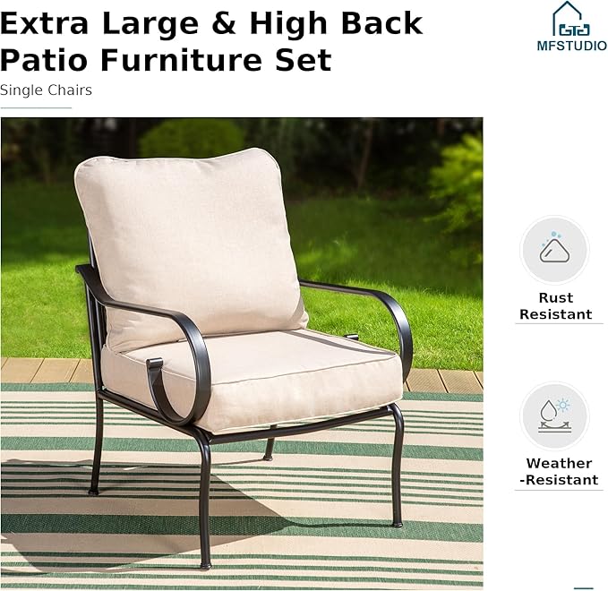 MFSTUDIO 7 Seats Large Metal Patio Conversation Sets, 5 Pieces Outdoor Furniture Sofa with 2 Fixed Chairs, 1 Sofa(3-seat), 1 Loveseat and Table for Outside Balcony Backyard Poolside