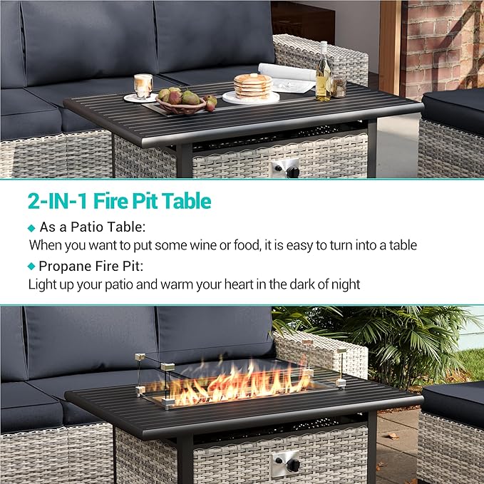 9-Piece Outdoor Patio Furniture Set with 55,000 BTU Fire Pit Table, PE Wicker Rattan Sectional Sofa Patio Conversation Set with Ottomans & Coffee Table, Dark Grey