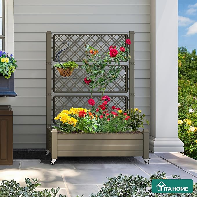YITAHOME 3.6x1.5x5 FT Planter Box Trellis with Wheels, Large Outdoor Plastic Raised Garden Bed with Drain Plug for Climbing Plants, Light Brown