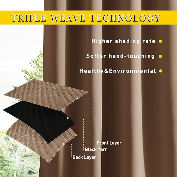 NICETOWN 2 Panels Outdoor Curtains for Patio Waterproof Top & Bottom Grommet & Back Tab, Blackout Outdoor Drapes with Rope for Fixed Windproof Privacy Sun Blocking for Porch, W46 x L90, Tan-Khaki