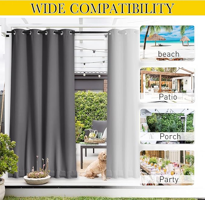 NICETOWN 2 Panels Outdoor Curtains Grommet & Back Tab on Top & Bottom for Patio Waterproof, Thermal Insulated Windproof Blackout Outdoor Drapes Privacy with Rope for Fixed, W52 x L120, Grey