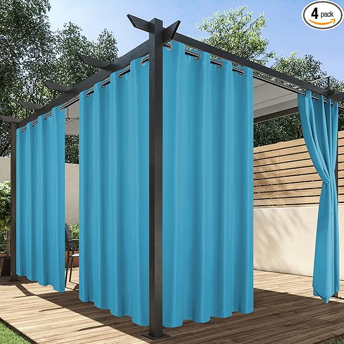 HolidayIdeas Outdoor Curtains for Patio Waterproof, 4 Panels - 54 x 108 Inch - Privacy Protection & Light Filtering Curtains Teal Grommet Outside Curtains for Porch, Gazebo, Pergola, Backyard