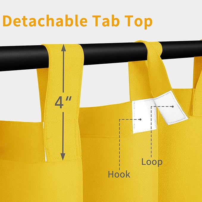 Easy-Going Outdoor Patio Curtains Detachable Tab Top Windproof Weatherproof Curtain for Cabana, Porch, Pergola and Gazebo, Tab Bottom Drape, 2 Panels, 110W x 96L inch, Yellow