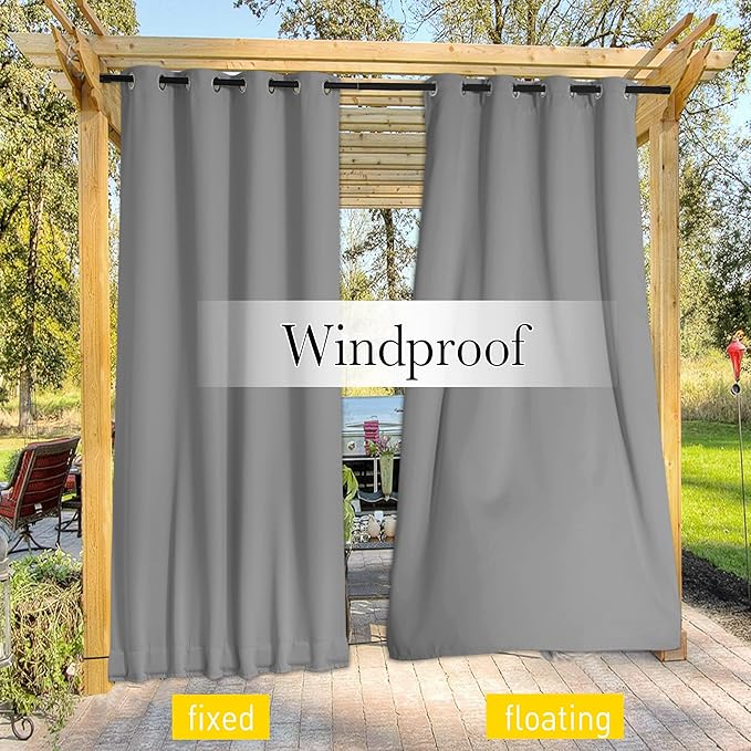 NICETOWN Outdoor Curtains for Patio Waterproof 2 Panels, W100 x L84 Windproof Grommet & Back Tab on Top & Bottom Thermal Insulated Sun Blocking Drapes with Rope for Deck, Silver Grey