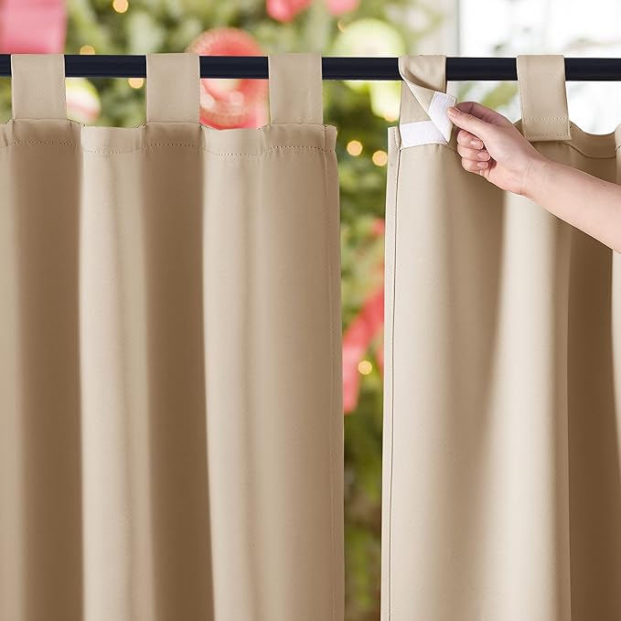 NICETOWN Outdoor Curtainss for Patio Waterproof 108 inch Extra Long, Self-Stick Tab Top Room Darkening Thermal Insulated Privacy Outdoor Space Drapes for Hall/Lounge, 84" Wide, Biscotti Beige, 2 PCs
