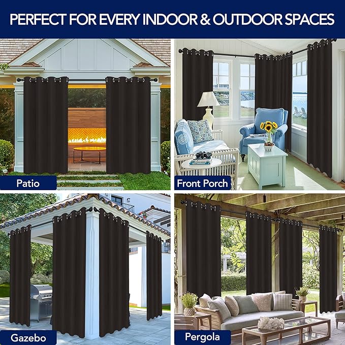 PureFit Outdoor Curtains for Patio Waterproof Weatherproof, UV Resistant Outside Curtains for Gazebo, Front Porch, Pergola, Sun Blocking Privacy Curtain, 52W x 120L inch, 1 Panel, Chocolate