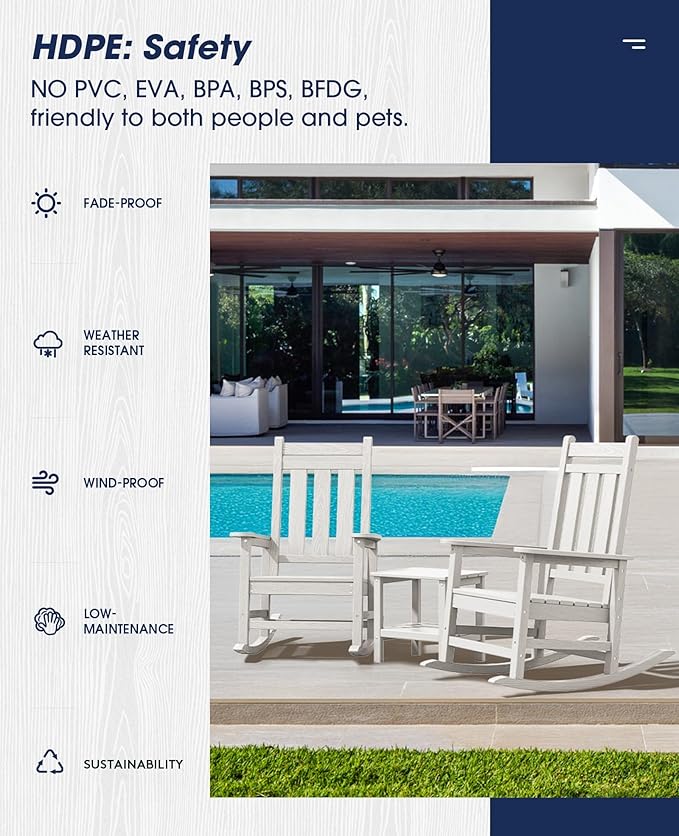 KINGYES Oversized Outdoor Rocking Chair, All-Weather Patio Rocking Chairs for Porch, HDPE Outdoor Patio Rockers with High Back & Wide Seat for Garden, Lawn, White