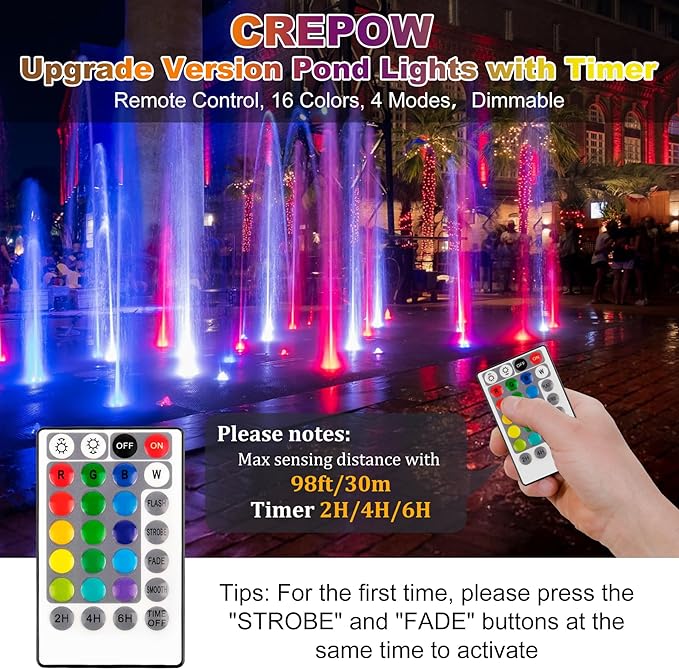 RGB Pond Lights with Timer, LED Underwater Submersible Colorful Landscape Spotlights, 98ft Remote Control IP68 Waterproof Fountain Lights for Fish Aquarium Tank Garden Yard Pool (Set of 4)