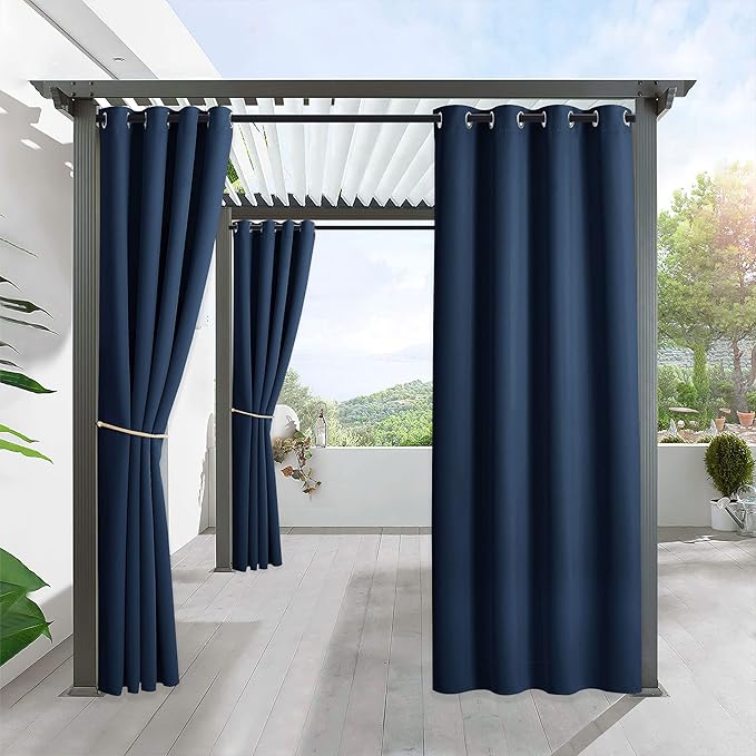 RYB HOME Outdoor Curtains for Patio Waterproof Block Sunlight Thermal Insulated Privacy Assured Thick Outside Curtains for Pergola, Deck, Gazebo, W52 x L90, Navy Blue, 1 Panel