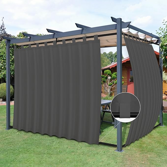 Easy-Going Outdoor Patio Curtains Detachable Tab Top Windproof Weatherproof Curtain for Cabana, Porch, Pergola and Gazebo, Tab Bottom Drape, 2 Panels, 110W x 96L inch, Gray