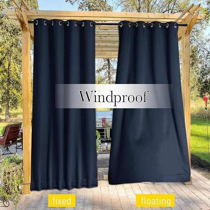 NICETOWN 2 Panels Weighted Blackout Curtains for Patio Waterproof, Top & Bottom Grommet & Back Tab Fixed Outdoor Curtains Windproof Drapes Thermal Insulated for Porch, W52 x L84, Navy Blue