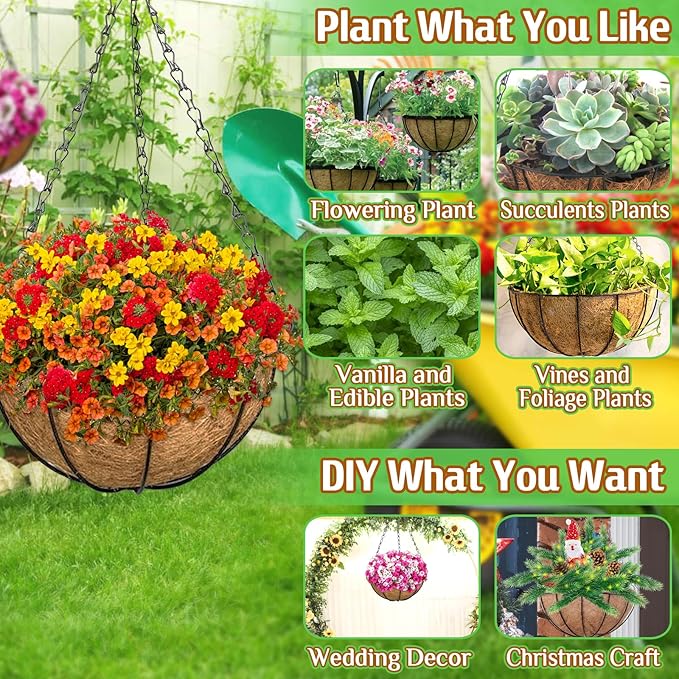 ZeeDix 3 Pack 16 Inch Large Hanging Baskets for Plants Outdoor with Coconut Liners Replacement, Hanging planters Baskets with Natural Coco Liner for Outdoor Indoor Planters Flowers Vegetables