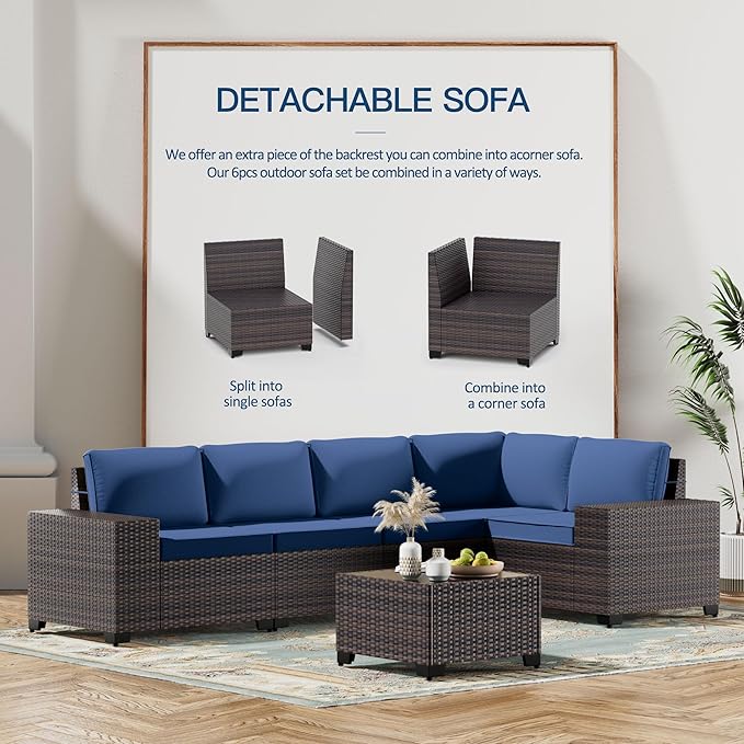Kullavik 13 Pieces Outdoor Patio Furniture Set with 43" 55000BTU Gas Propane Fire Pit Table PE Wicker Rattan Sectional Sofa Patio Conversation Sets,Navy Blue