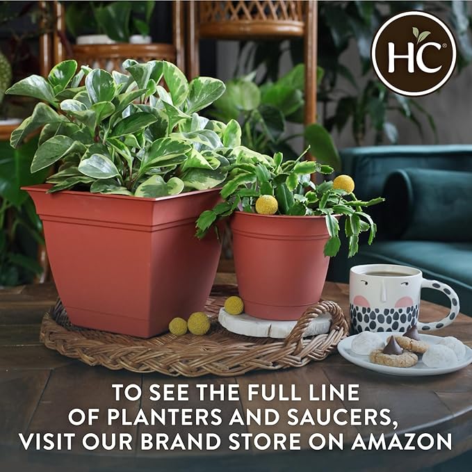 The HC Companies Eclipse Square Plastic Planter w/ Attached Saucer - Outdoor & Indoor Plant Pot with Drainage Holes - Lightweight, UV-Resistant Plastic Pots For Plants (6” Warm Gray, Pack Of 1)
