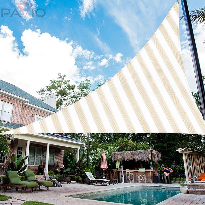 Patio Paradise 6' x 6' x 6' Sun Shade Sail Triangle Canopy Shade Cloth Fabric Sunlight Block Patio Pergola Cover HDPE Deck Awning for Outdoor Backyard Roof Shading, Beige White Strip