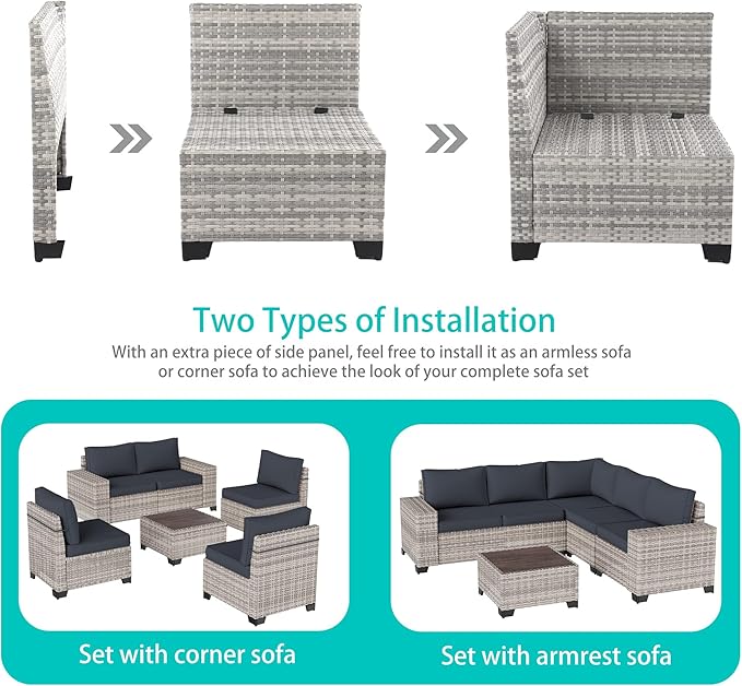 13-Piece Outdoor Patio Furniture Set with Rocking Swivel Chair, PE Wicker Rattan Sectional Sofa Patio Conversation Set with 55,000 BTU Fire Pit Table & Coffee Table, Dark Grey