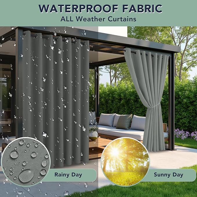 Outdoor Curtains for Patio Waterproof - 6 Panels Privacy Weatherproof Outside Curtains with Grommets for Pergola, Gazebo, Porch, Cabana, Balcony, 54 x 120 Inch, Grey