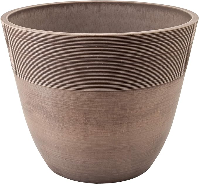 PSW Pot Collection FM30TP 12-inch Plastic/Stone/Wood Composite Large Ribbed Planter – No Drainage Hole (Drillable), Indoor/Outer Garden Pot for Foliage, Trees, Flowers, Ferns, Taupe