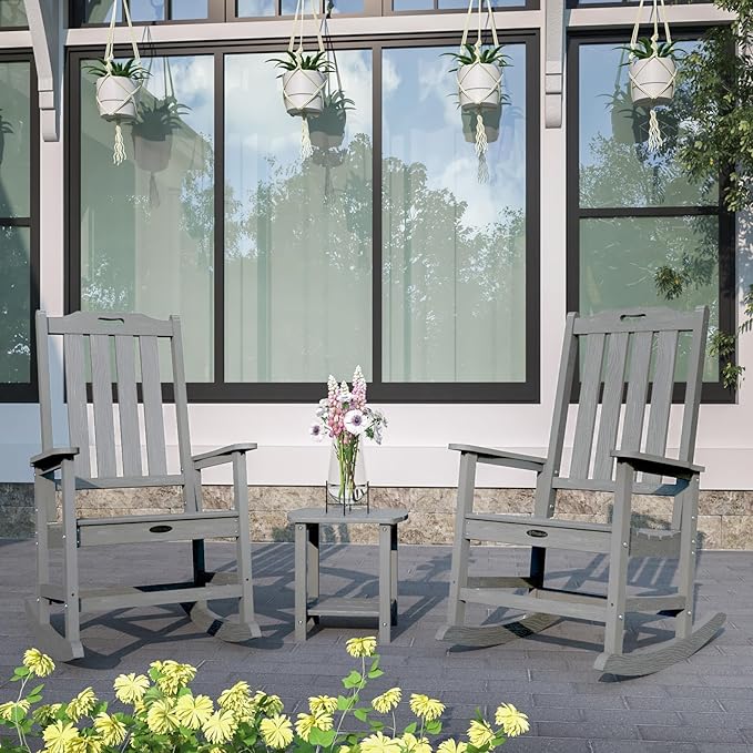 Oversized Rocking Chair Set of 2, Outdoor Rocking Chair for Adults, All Weather Resistant Porch Rocker for Lawn Garden, Grey