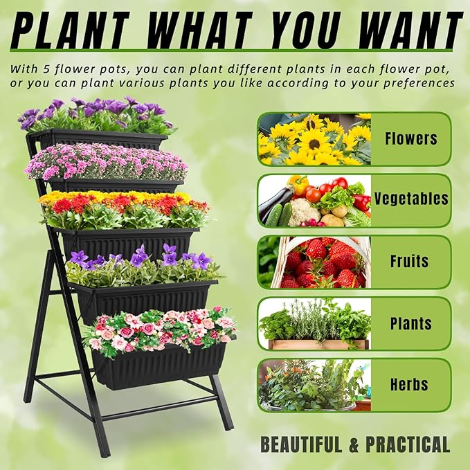 Homdox 4FT Vertical Garden Bed, 5 Tiers Raised Garden Planter, 25.6 * 26 * 48Inch with 4 Hooks & 4 Wheels, Vegetable Flower Stand for Garden Patio Yard, Black