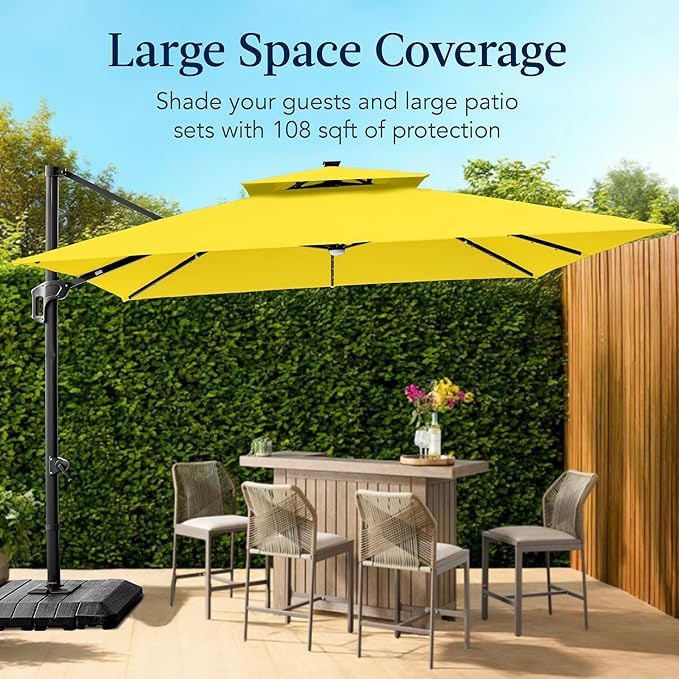 Best Choice Products 9x12ft LED Cantilever Patio Umbrella w/Base Included & 360° Rotation, Large Solar Offset Hanging Outdoor Sun Shade for Deck, Backyard Table w/Stand & Lights – Yellow