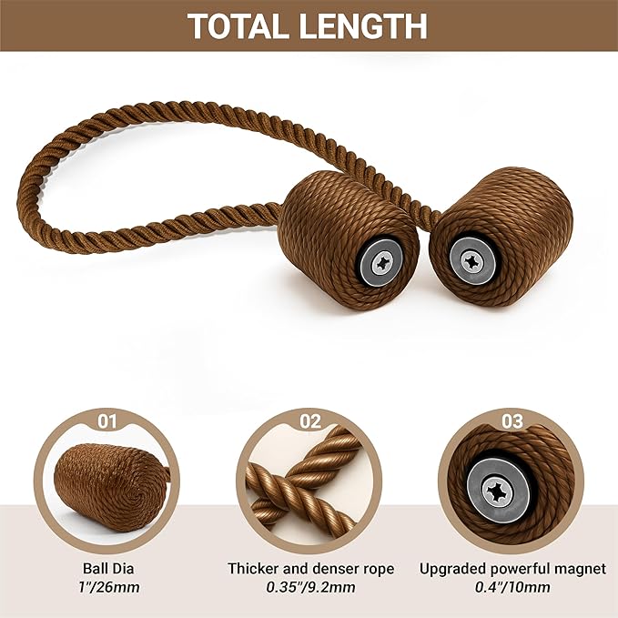 Hion Magnetic Curtain Tiebacks Dark Brown 4 Pack, Curtain Tiebacks Buckles Holdbacks Holders Hooks Clip for Home Bedroom Office Decorative Thick or Thin Curtain