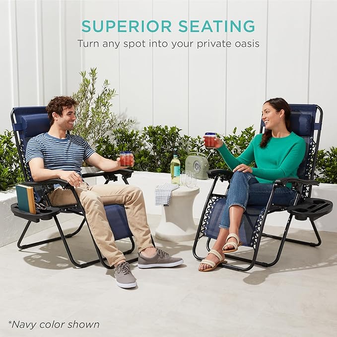 Best Choice Products Set of 2 Adjustable Steel Mesh Zero Gravity Lounge Chair Recliners w/Pillows and Cup Holder Trays - Peacock