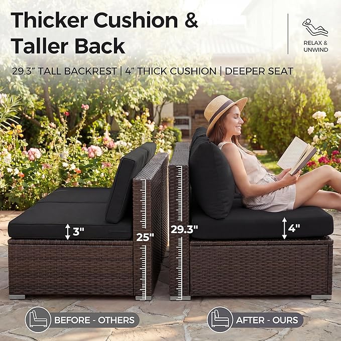NICESOUL 9 Piece Patio Furniture Set with Fireplace Natural Gas/Propane, 29.3'' High Back Large Wicker Outdoor Sectional Sofa Sets, Deep Seat Sitting Area Backyard, Brown Rattan and Black Cushion
