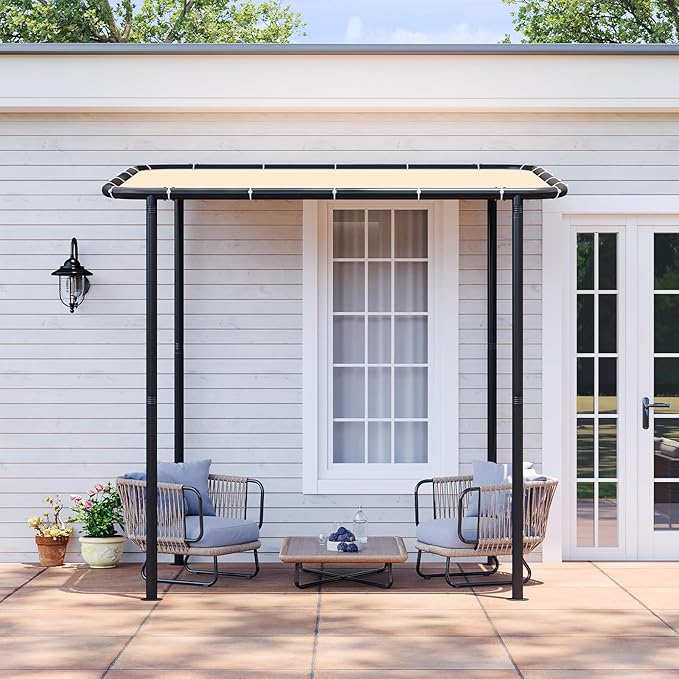 Aoxun 8x5 Lean to Gazebo Outdoor Pergola with Water Resistant & UV-Resistant, Wall-Mounted Canopy with Sloped Roof for Backyard, Deck, Patio or Garden Khaki