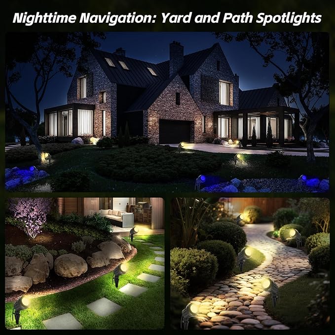 Spotlight Outdoor – 120V Plug-in, 2700K Warm White LED Landscape Spot Lights with RGB 3 Lenses for Yard, Garden, Lawn&Tree Decor, IP67 Waterproof, Perfect for Holidays&Everyday (1 Pack, Black)
