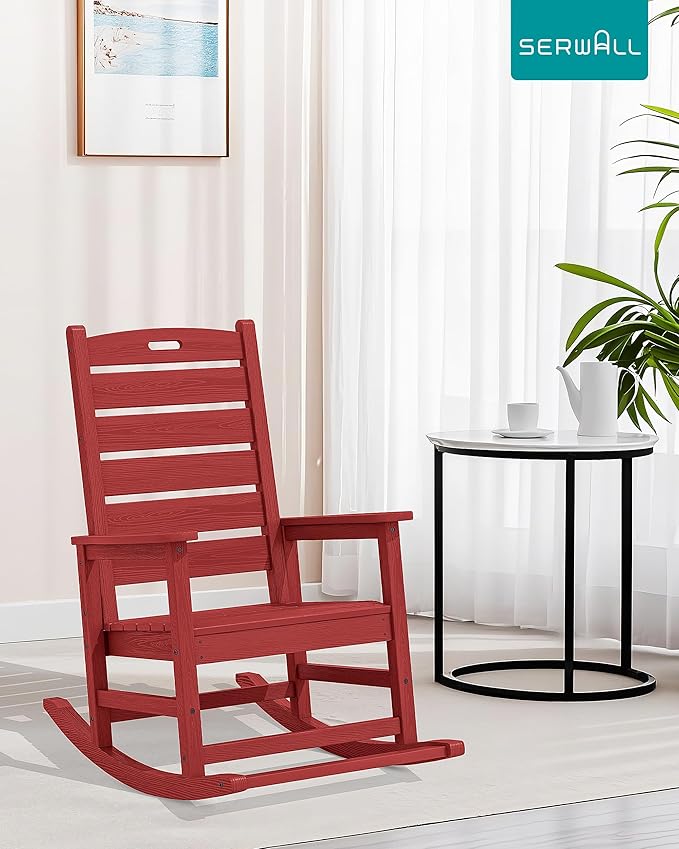 SERWALL Outdoor Rocking Chair Set of 4, Oversized HDPE Patio Rocking Chair with Footrest for Adults, All Weather Porch Rocker for Deck Patio Balcony, Red