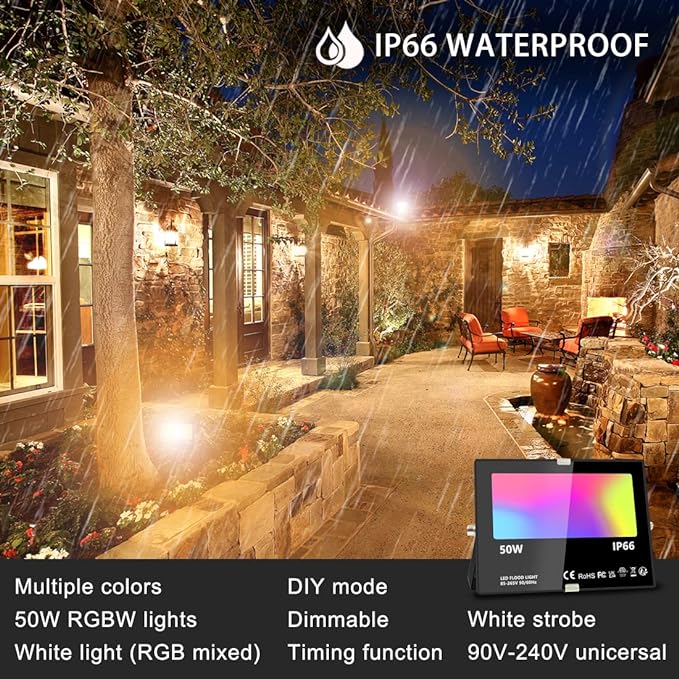 MELPO Led Flood Light 500W Equivalent, RGBW Led Outdoor Lights Colored Floodlight with Remote,50W,5000ML 2700K,120 Colors, Timing, Dimmable, Custom Modes, Landscape Lighting (4 Pack)