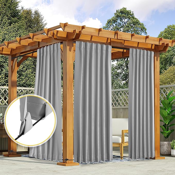 NICETOWN 2 Panels Outdoor Curtains Waterproof Pocket & Back Tab on Top & Bottom, Thermal Insulated Windproof Sun Blocking Outside Privacy Drapes for Patio with Fixed Rope, W52 x L95, Silver Gray